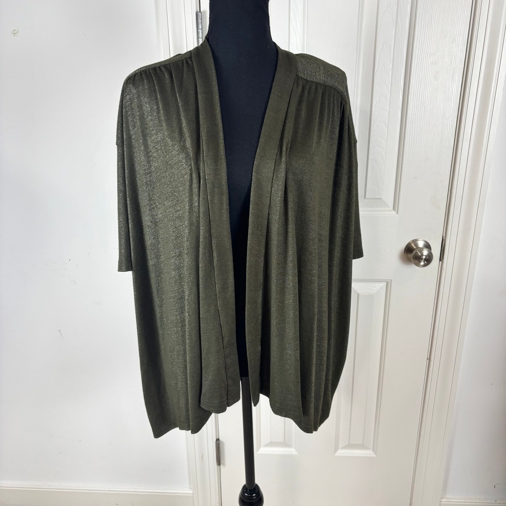 Ellen Tracy Womens Large Olive Green Metallic Shimmer Open Front Cardigan L